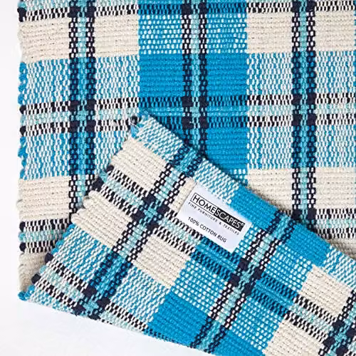 Homescapes Irvine Handwoven Blue Tartan 100% Cotton Rug, W/D/H: 66 x 200 cm – 4