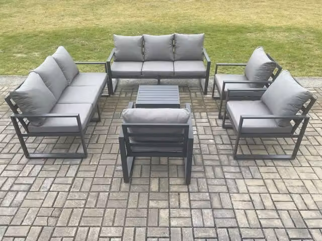 Fimous Modern Aluminium Outdoor Garden Furniture Set in Grey with 2-Seater Sofa, Lounge Armchairs and Coffee Table