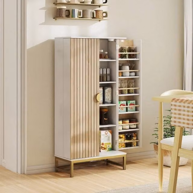 FORGEVIO White Modern Kitchen Cupboard with Double Doors, 5 Tiers and Spice Rack, H: 119.5 cm, W: 58.0 cm