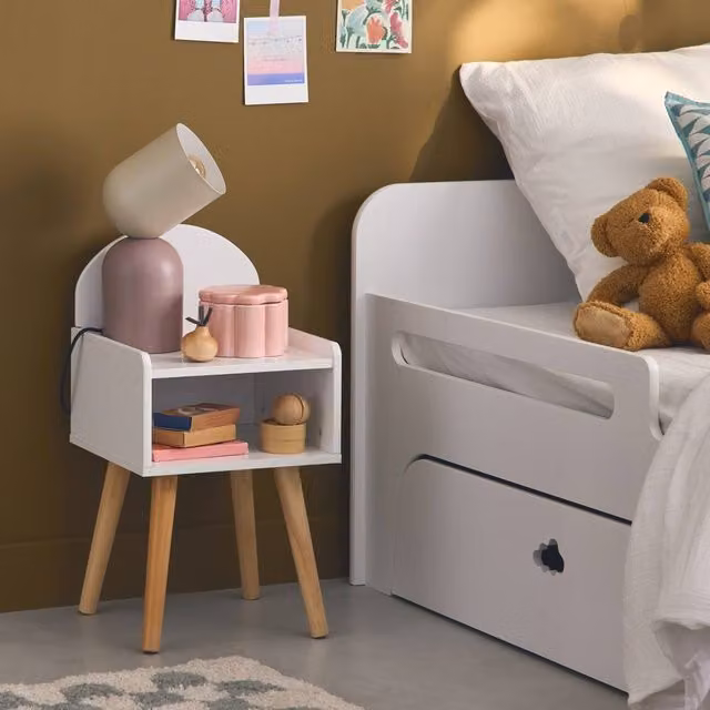 sweeek White Retro Pine Wood Bedside Table for Children's Bedrooms W/D/H: 55.6 x 30.0 x 30.0 cm – 1