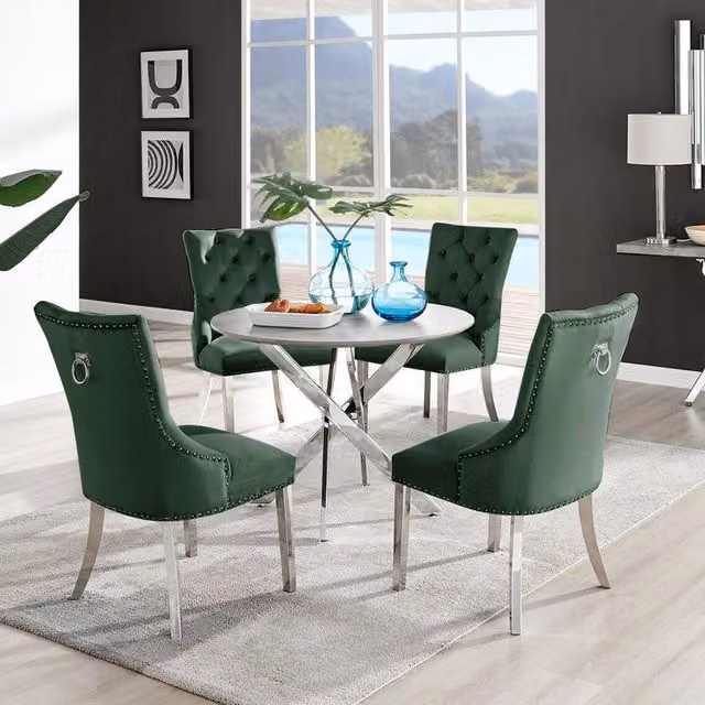 FurnitureboxUK Novara Grey Concrete Effect Round Dining Table and 4 Belgravia Black Leg Chairs in Green