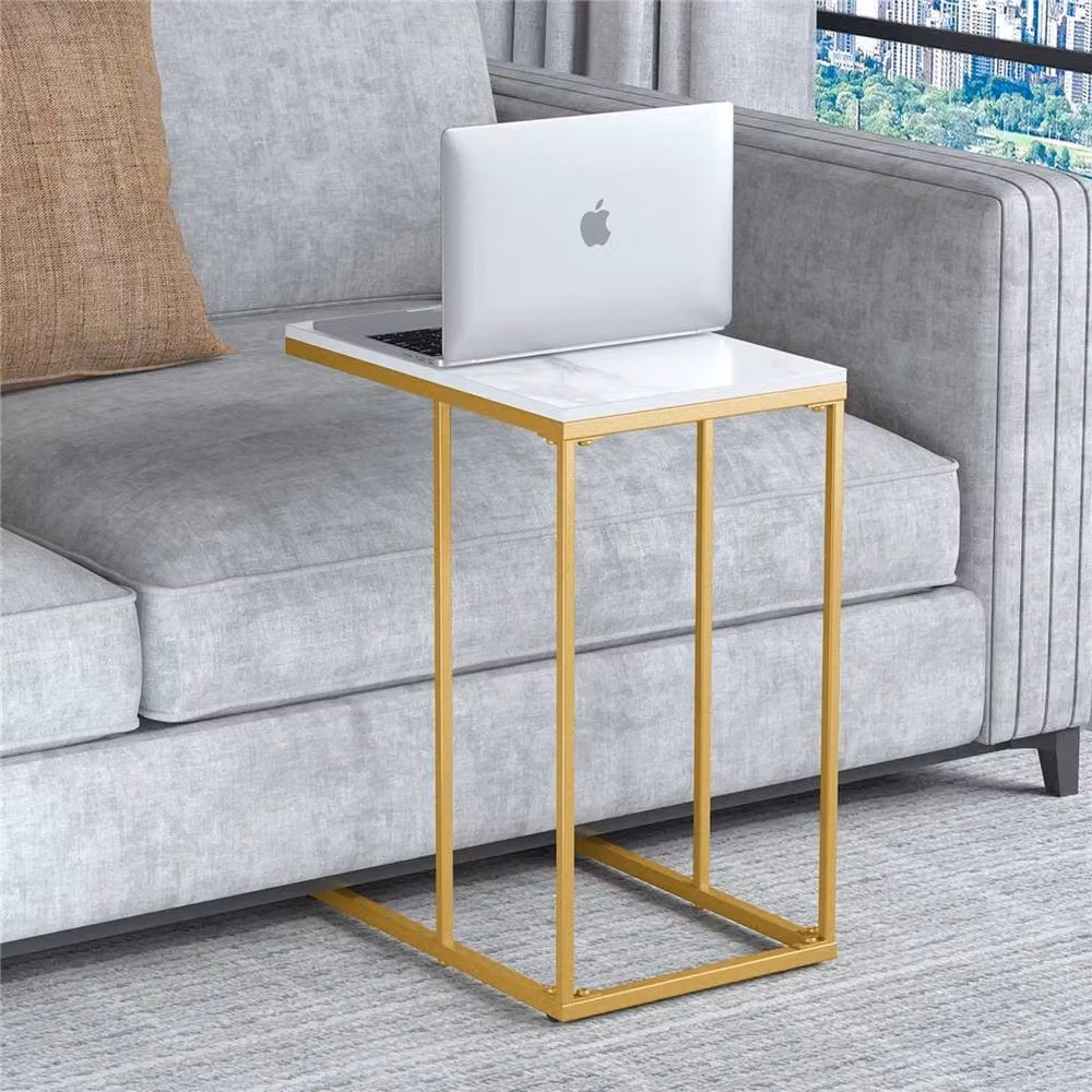 Kelvenix C-Shape Sofa Side Table with White Marble Top and Gold Metal Frame – 3