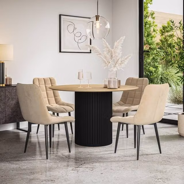 More4Homes Arlo Oak Round Dining Table with Black Legs and 4 Nova Beige Velvet Dining Chairs Set, W: 120 cm, H: 75 cm
