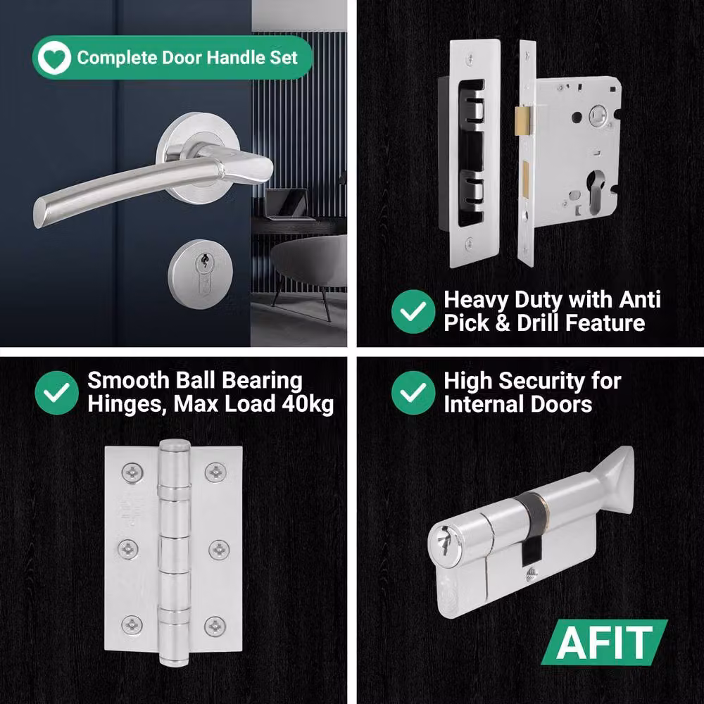 AFIT Duo Finish Silver Door Handle Euro Lock Thumbturn Cylinder Set with Hinges, W/D/H: 15 x 15 x 1.5 cm – 2