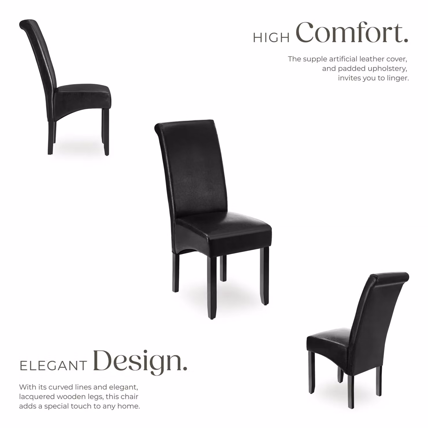 tectake Set of 2 Modern Dining Chairs in Black Synthetic Leather and Wood – 3