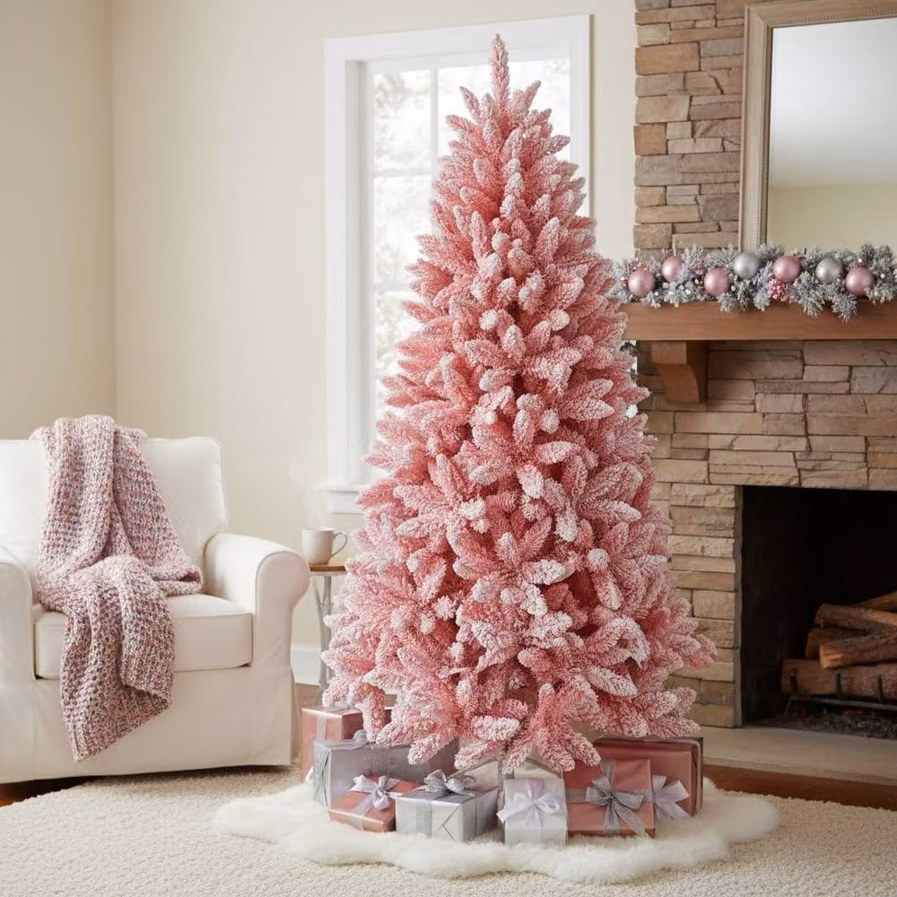 Shatchi Pink Flocked Christmas Tree with Snow Effect Branch Tips, Height: 243.84 cm – 3
