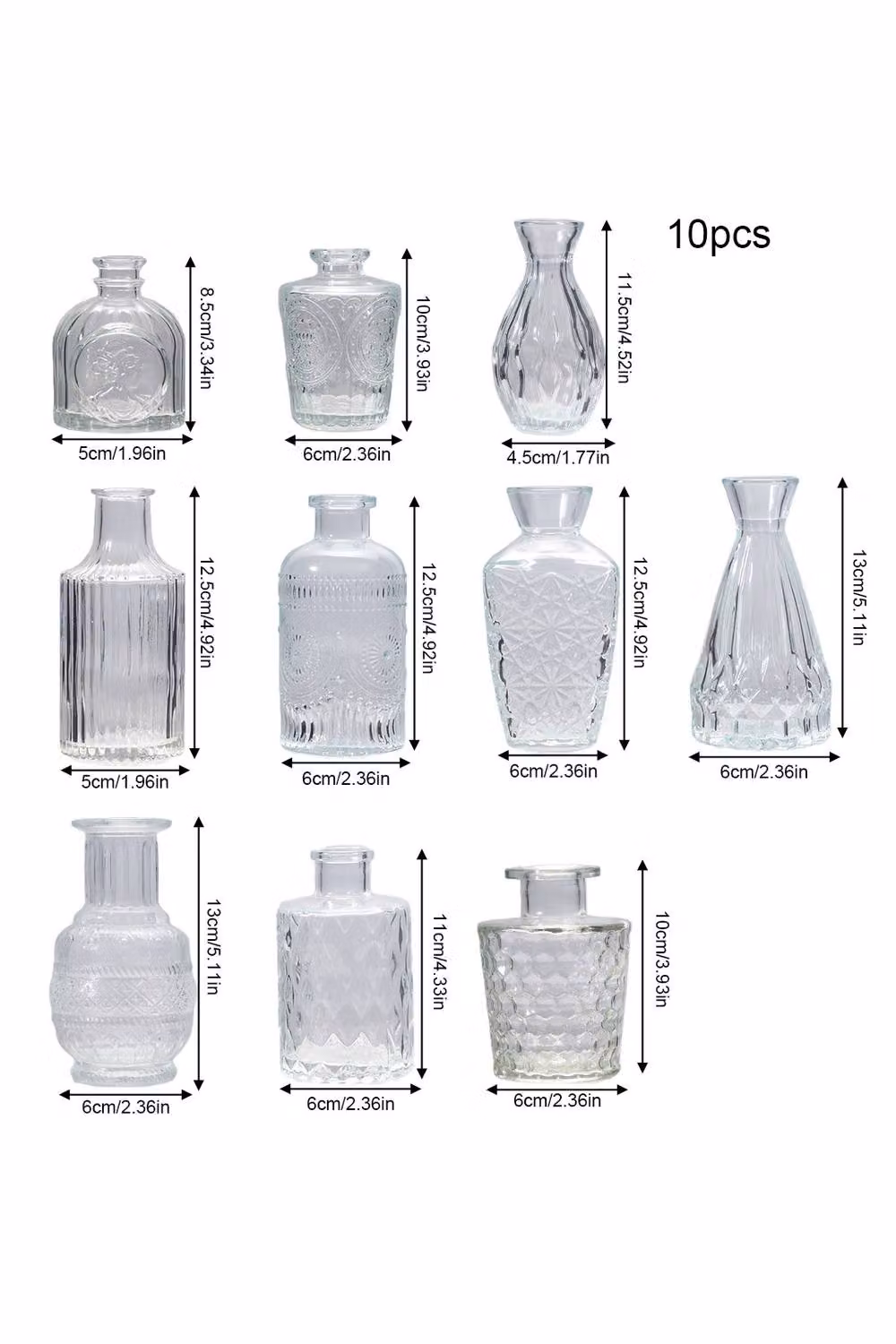 Living and Home Pack of 10 Small Vintage Geometric Glass Bud Vases in Transparent – 2