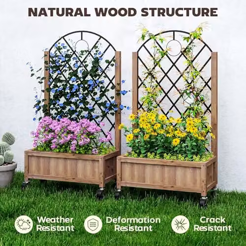 Outsunny Wooden Raised Garden Bed with Metal Trellis for Climbers, Pack of 2, Brown – 5