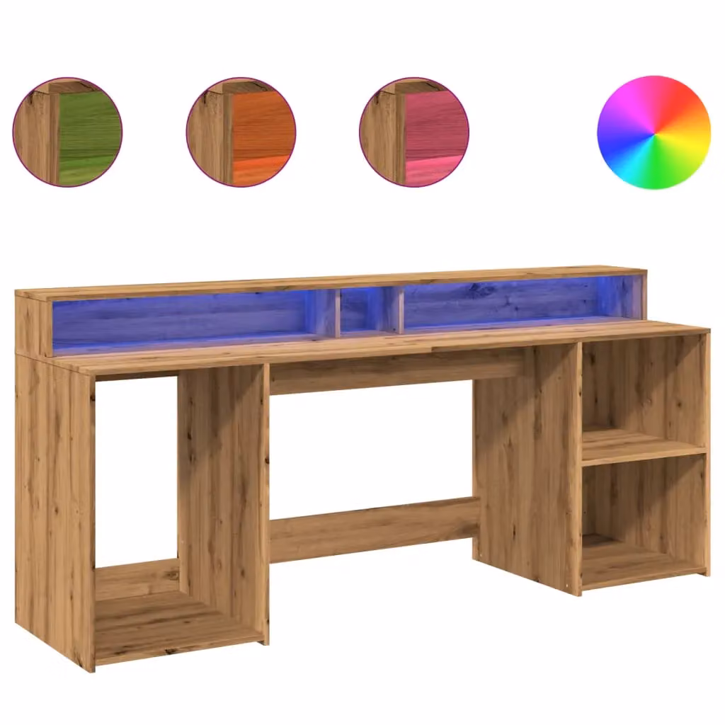 Berkfield Home Gaming Desk with LED Lights in Artisan Oak Brown, W/D/H: 200 x 55 x 91 cm – 2