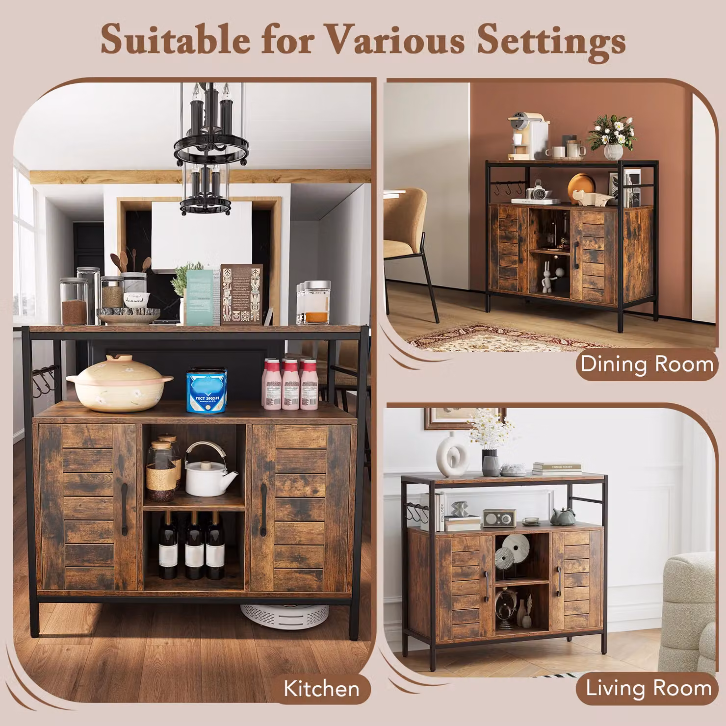 Costway Industrial Buffet Cabinet and Coffee Bar in Brown with 2 Doors and Adjustable Shelves – 4