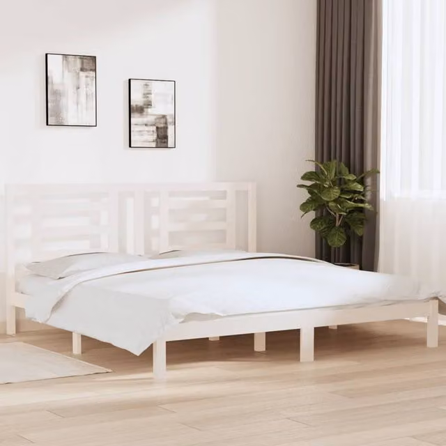Berkfield Home White Solid Pine Wood Bed Frame W/D/H: 200 x 200 cm