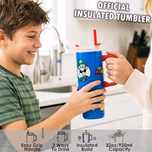 Get Trend Super Mario Insulated Stainless Steel Tumbler with Straw and Handle, Blue, 920ml – 2