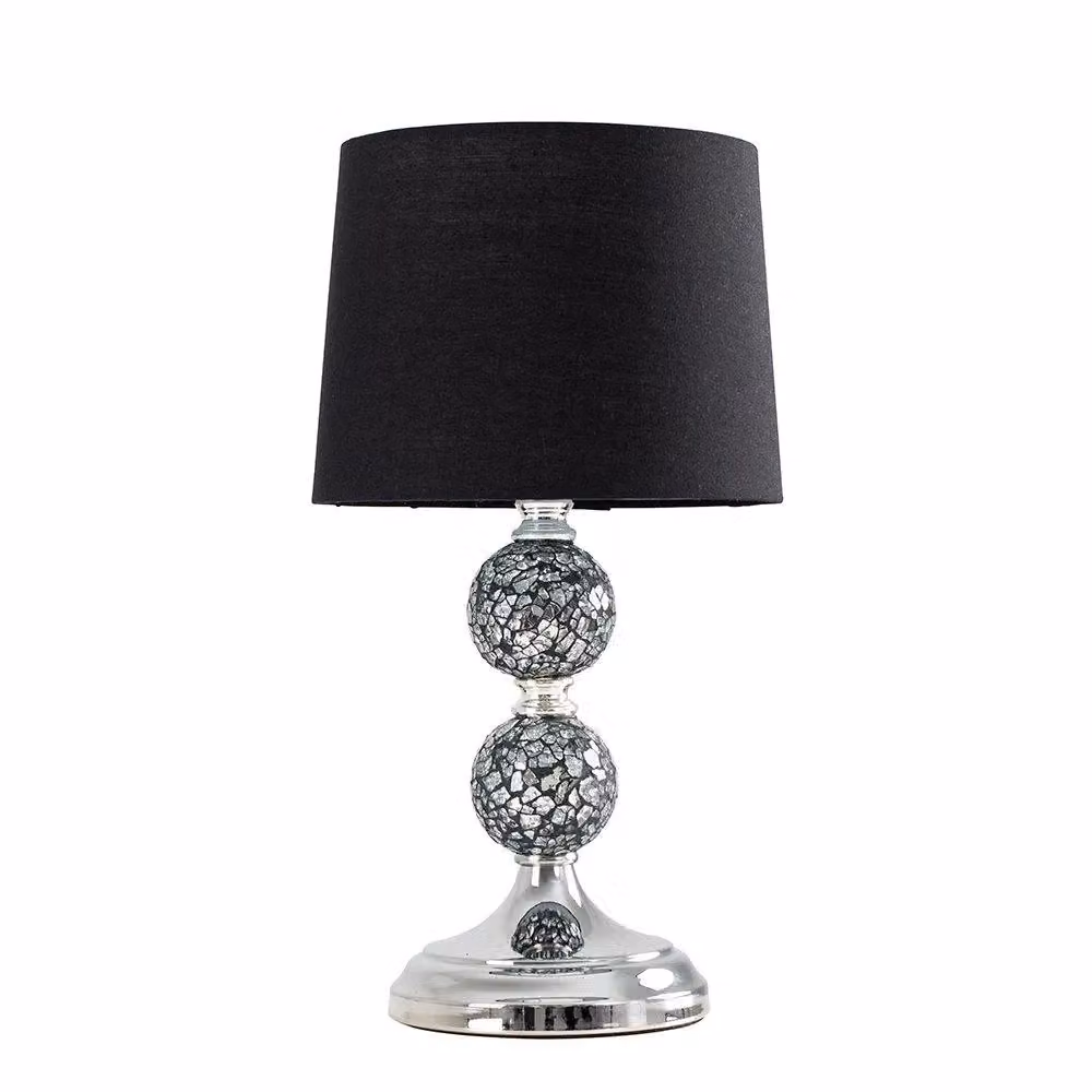 MiniSun Set of 2 Modern Chrome and Mosaic Glass Table Lamps with Black Shades – 2