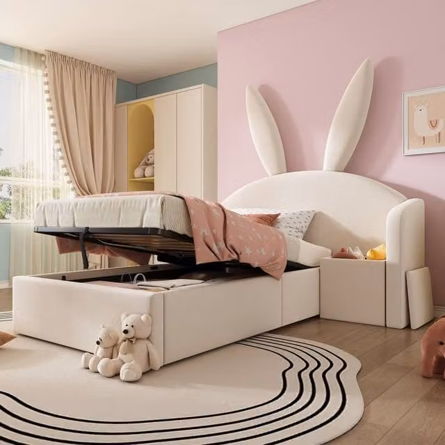 Matteo Girl's Bunny Ears Kids Bed with Upholstered Storage and Nightstand, Beige, W/D/H: 90 x 190 cm – 1