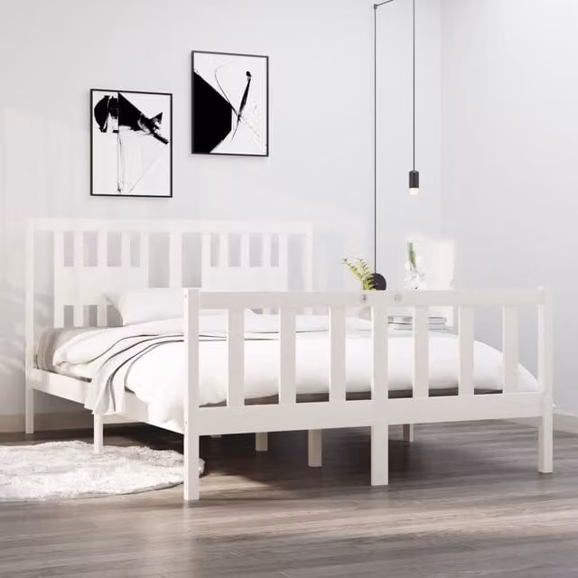 Berkfield Home White Solid Pine Wood Bed Frame W/D/H: 140 x 190 cm – 1