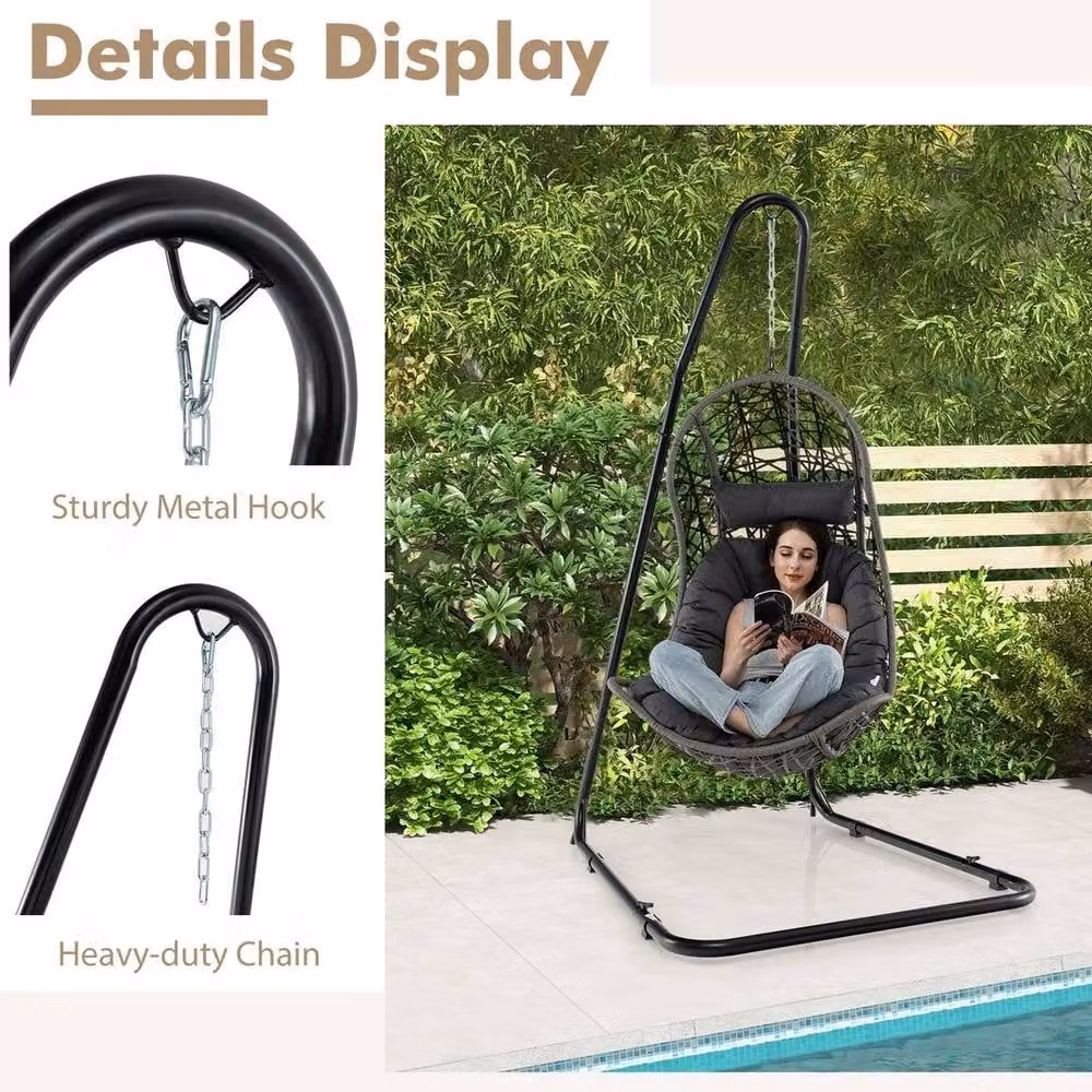 KORVIXA Large Heavy Duty C-stand Hanging Swing Egg Chair in Black with Metal Frame and Fabric Seat – 3