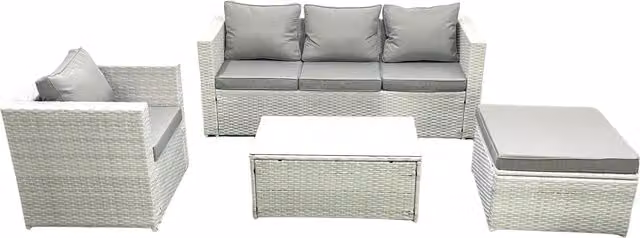 Fimous 5 Seater Rattan Garden Furniture Set in Light Grey with 3 Seater Sofa, Coffee Table and Ottoman – 1