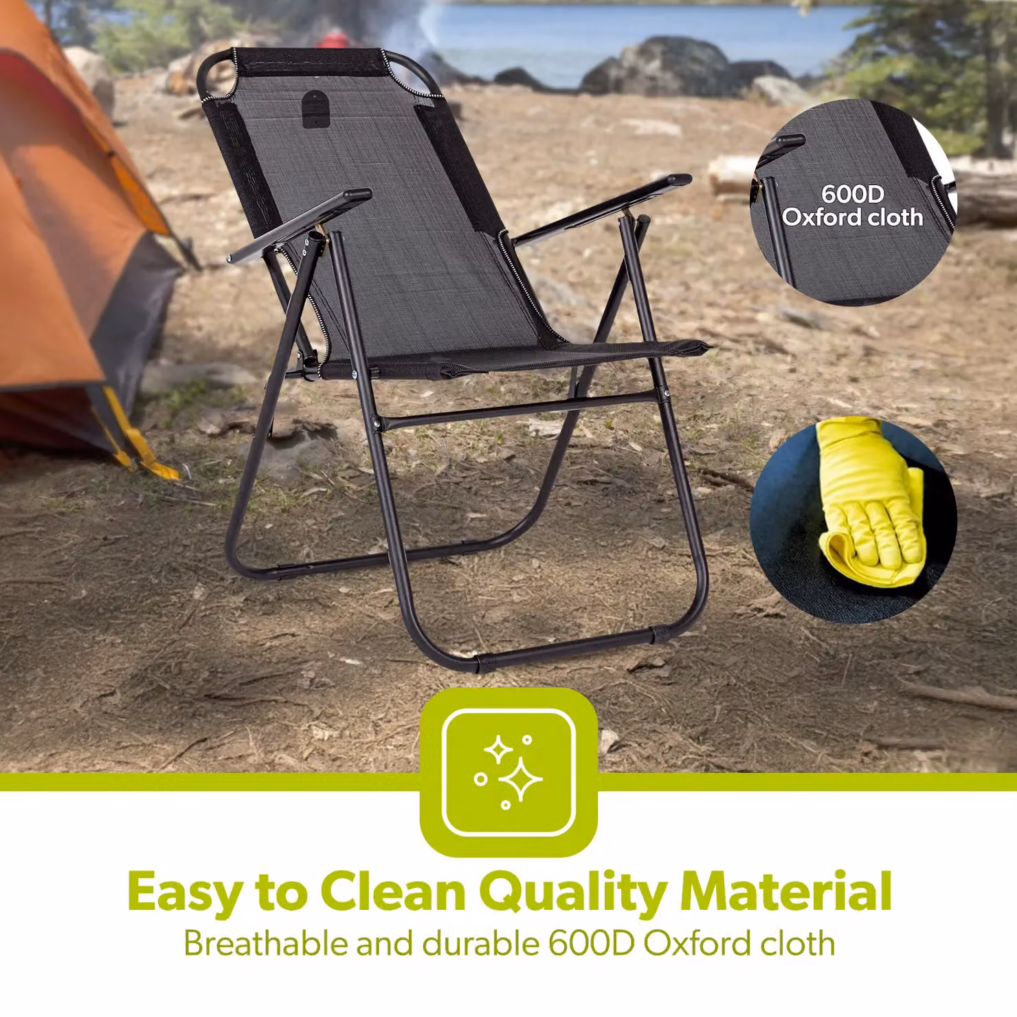 Royalford Black Folding Garden and Camping Chair with Armrests and Textilene Fabric – 2