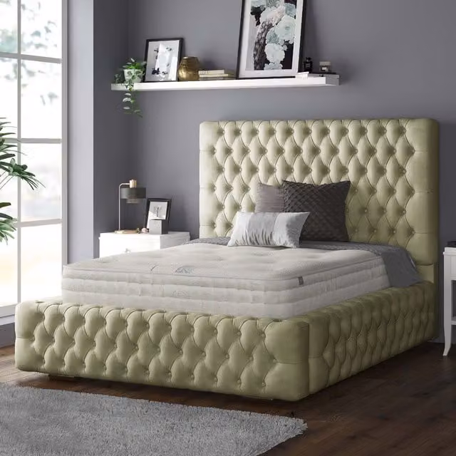 IH Design Royal Cushioned Chesterfield Single Bed Frame in Light Green Plush Velvet
