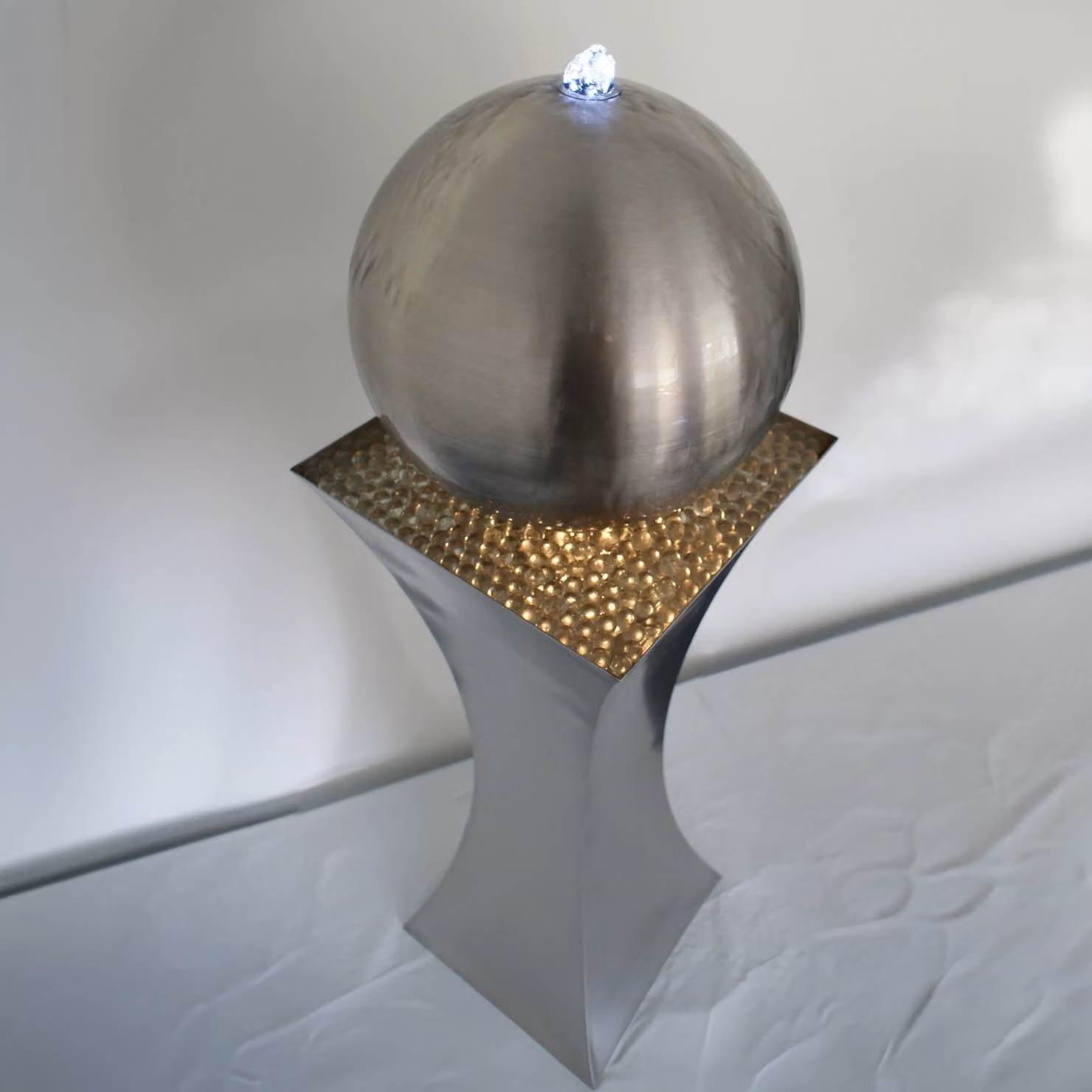 Primrose Brushed Hourglass and Sphere Tabletop Water Feature with LED Lights in Silver – 3