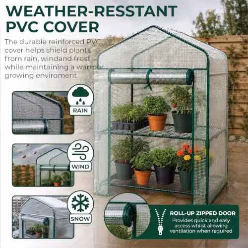 St Helens Home & Garden 2-Tier Mini Greenhouse with Shelves and Green PVC Cover – 2
