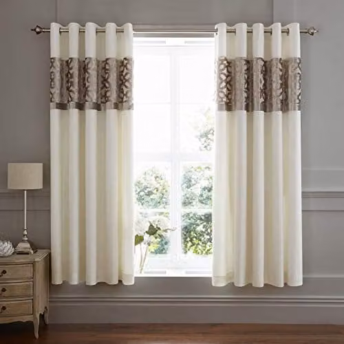 Catherine Lansfield Lattice Cut Velvet Lined Eyelet Curtains, Two Panels, Natural/Beige, W: 168 cm, H: 183 cm