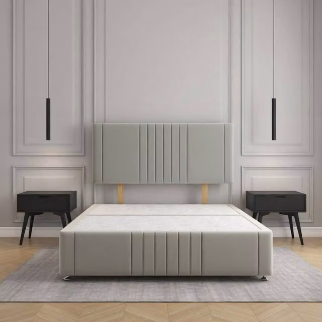 Regional Furnishings Small Double Upholstered Plush Velvet Divan Bed with 24 inch Headboard in Silver, W/D/H: 120 x 200 cm