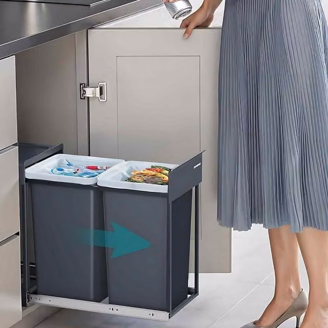 The Bazaarist Double Pull Out Kitchen Recycling Bin with Flip Lid, Grey, W/D/H: 48.6 x 30.0 x 44.0 cm