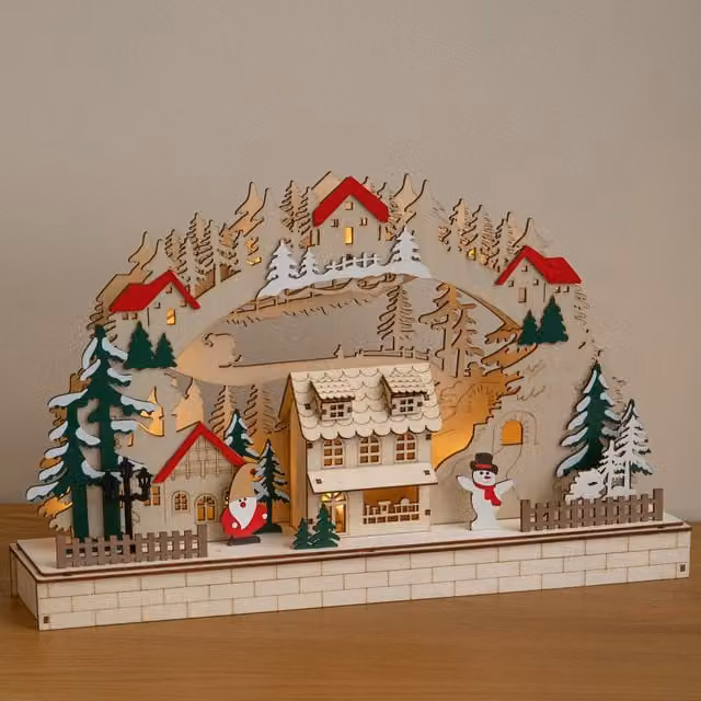 Samuel Alexander Wooden Christmas Candle Bridge LED Village Decoration in Brown, White and Orange, W: 27.0 cm, H: 8.0 cm, D: 8.0 cm – 1