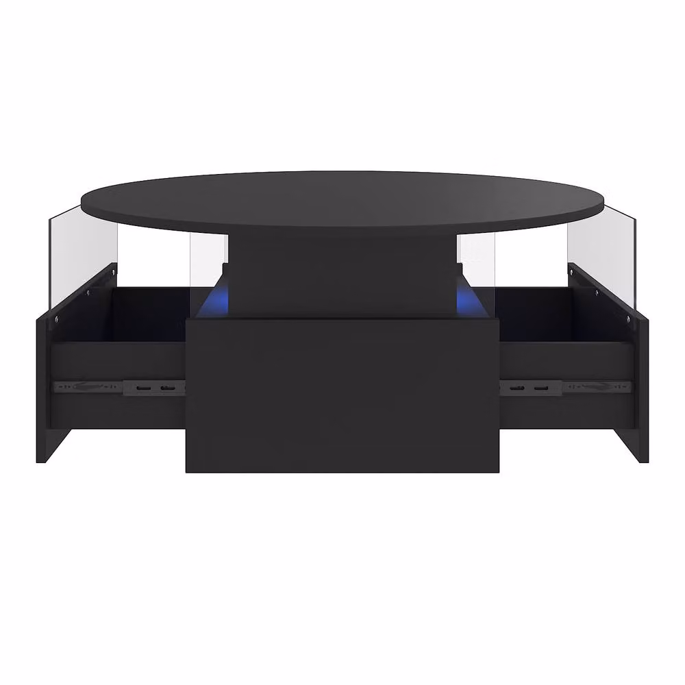 KEEPREAPER Round LED Coffee Table with Storage and 2 Sliding Drawers in Black Acrylic – 3