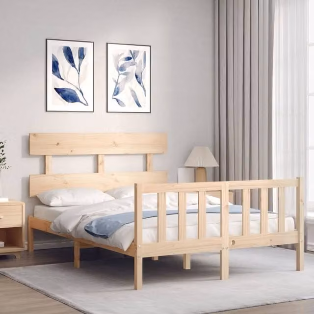 Berkfield Home Beautiful Solid Wood Bed Frame with Headboard in Beige, W/D/H: 120 x 200 x 81 cm – 1