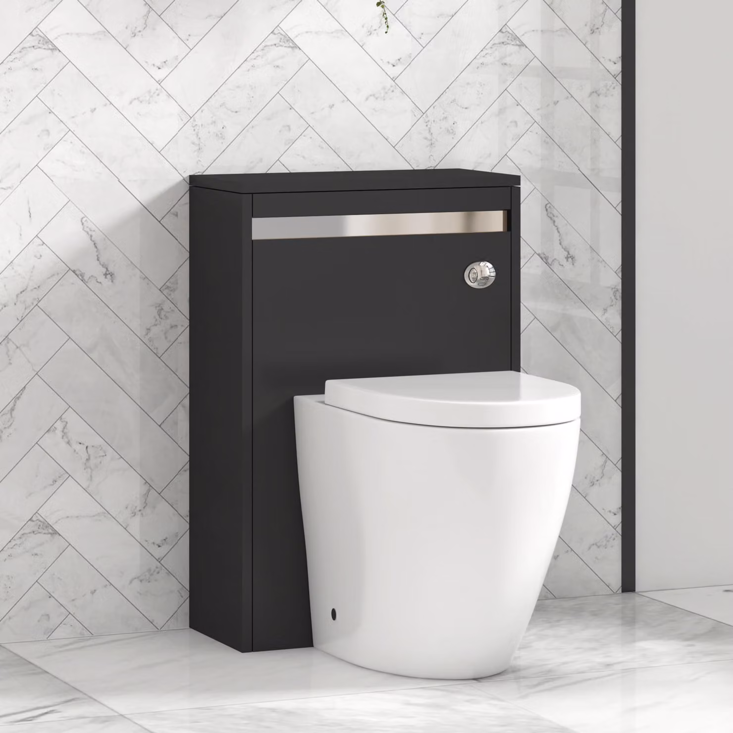 Royal Bathrooms Orion 540mm Matt Obsidian Black BTW WC Unit with Elva Rimless Short Projection Ceramic Toilet Pan, Seat and Cistern with Chrome Accent Trim
