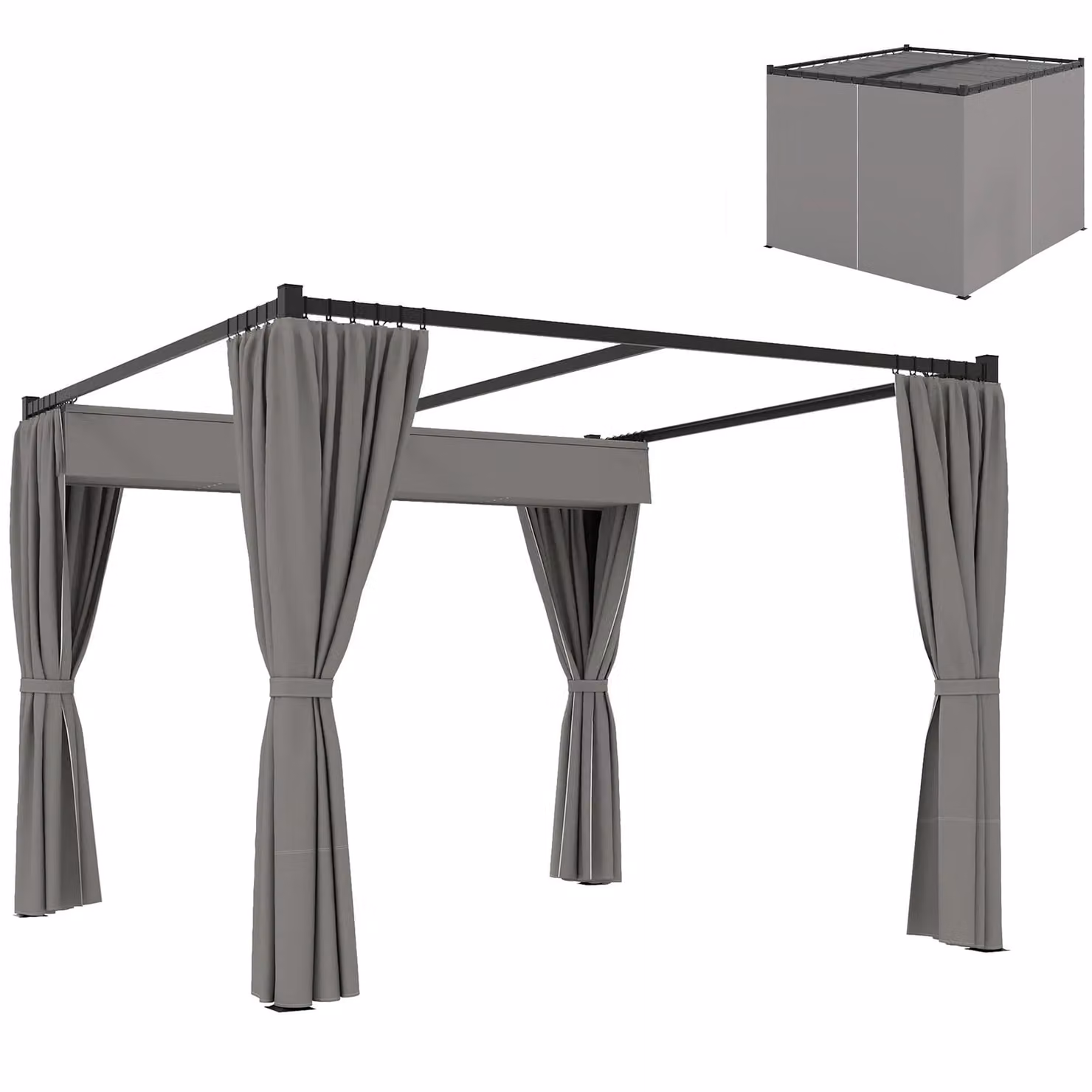 OUTSUNNY Metal Pergola with Retractable Roof and Curtains in Light Grey, W: 300 cm, D: 300 cm, H: 227 cm – 2