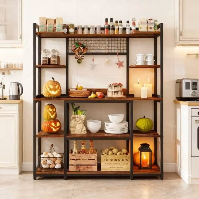 KORVIXA XL Bakers Rack Kitchen Hutch Cabinet Microwave Stand in Brown and Black