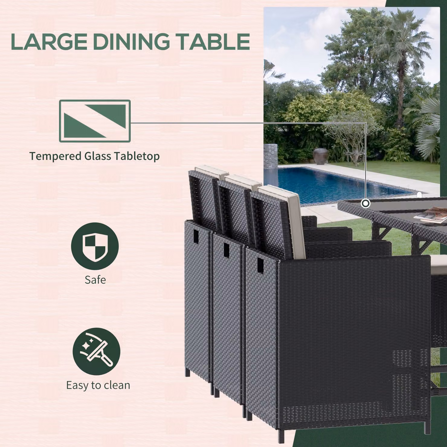 Outsunny 11-Piece Rattan Garden Dining Set with Glass Top Table and Chairs in Black – 3
