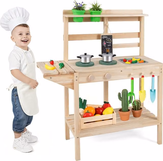 Costway Kids Play Kitchen Set with Flowerpots in Natural Wood and Multicolour
