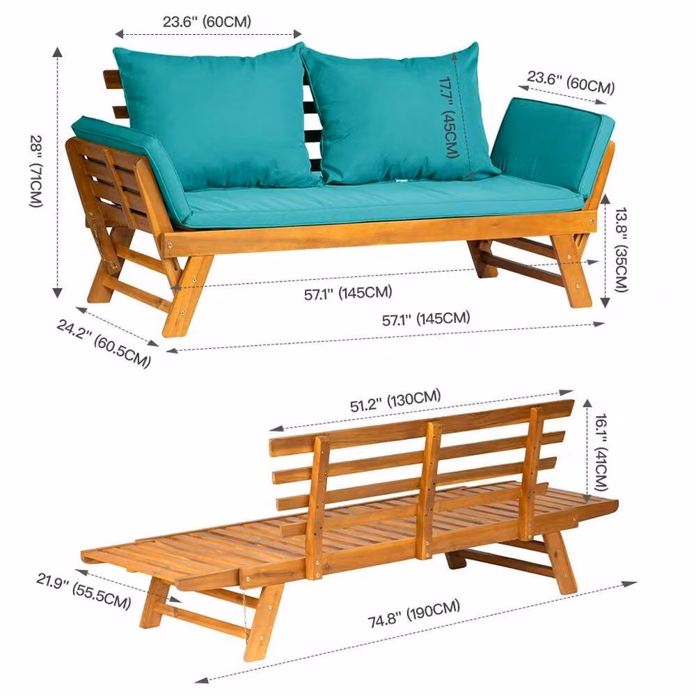 FORGEVIO Turquoise Acacia Wood Folding Garden Sofa Bed Daybed with Armrests – 2