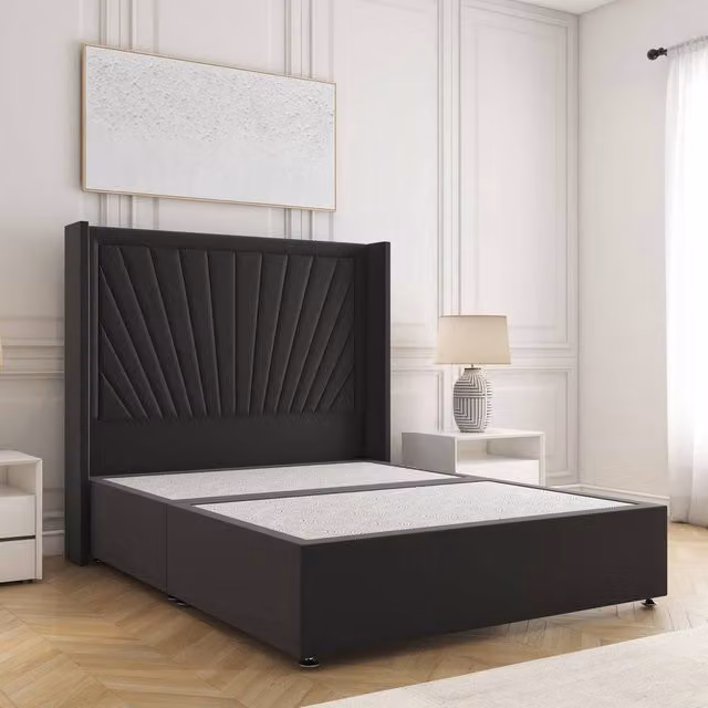 BSSPOKE Alina King Divan Bed in Black Plush Velvet with 54 inch Headboard