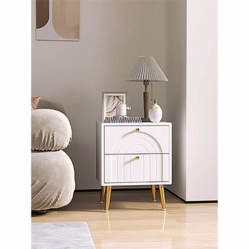 Nordara Pair of White and Gold Modern Geometric Bedside Cabinets with Drawers – 2