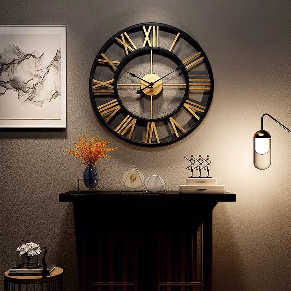 KORVIXA Black Metal Roman Skeleton Round Wall Clock, Diameter: 100 cm – 3