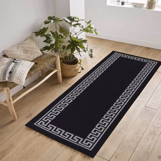Desire Rugs Black Greek Key Geometric Anti Slip Machine Washable Runner, W: 67 cm, L: 220 cm