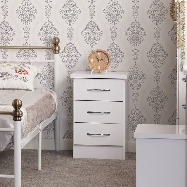 Seconique Nevada 3 Drawer Bedside Table in White Gloss