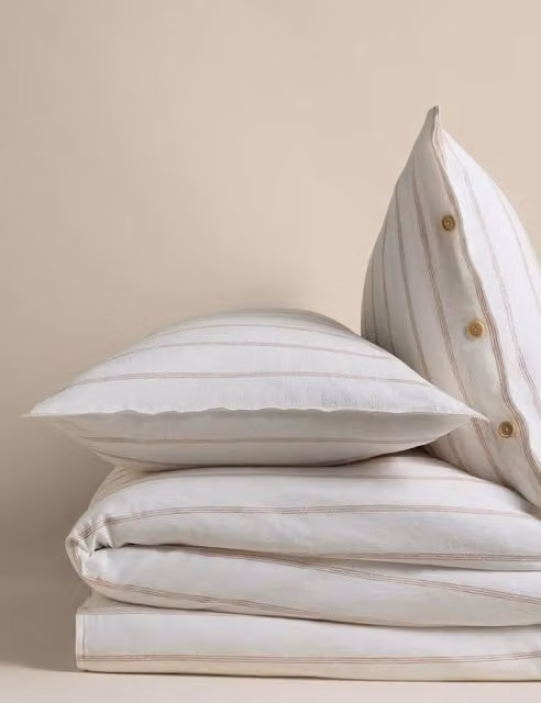 M&S Linen Rich Striped Jacquard Bedding Set, White, W: 140 cm, L: 200 cm