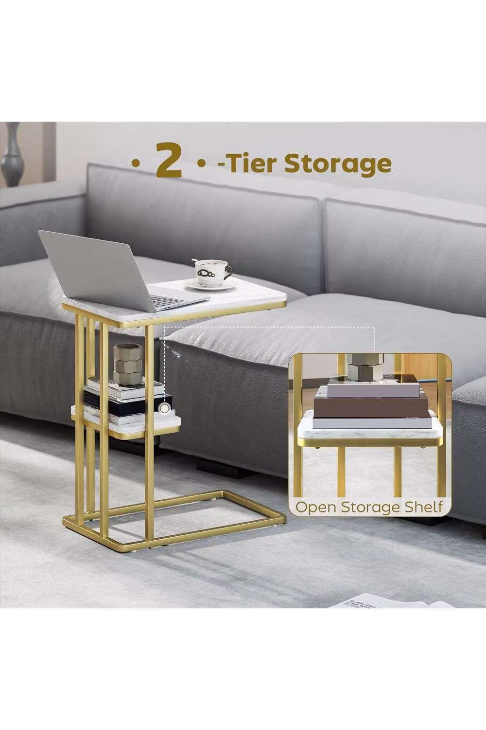 ERGOVEXA C-Shaped 2-Tier Narrow Side Table in White and Gold – 2