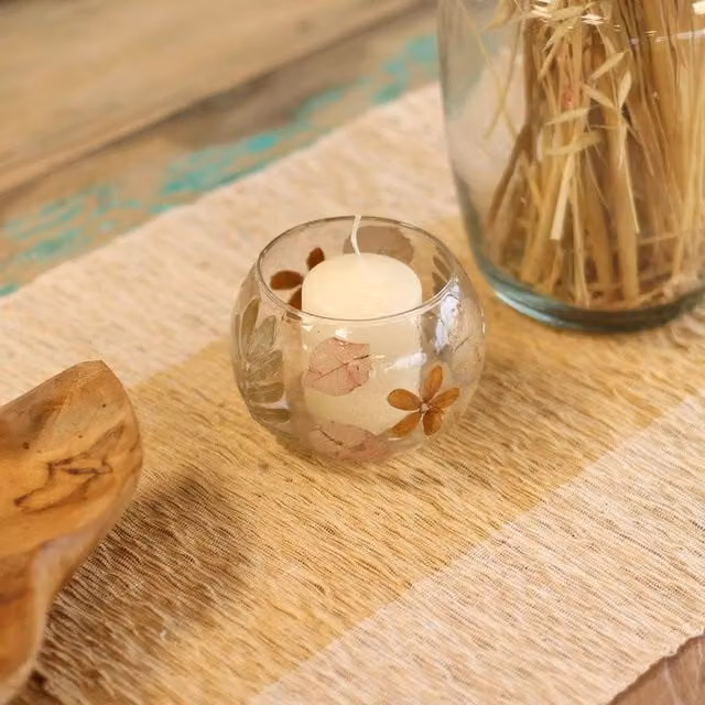 Serenityy Primavera Floral Glass Bowl Candle Holder, Multicolour and Transparent, W/D/H: 8 x 8 x 10 cm