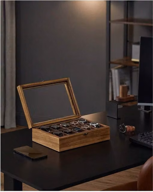 SONGMICS Solid Wood Watch Box Case with 10 Slots in Bronze