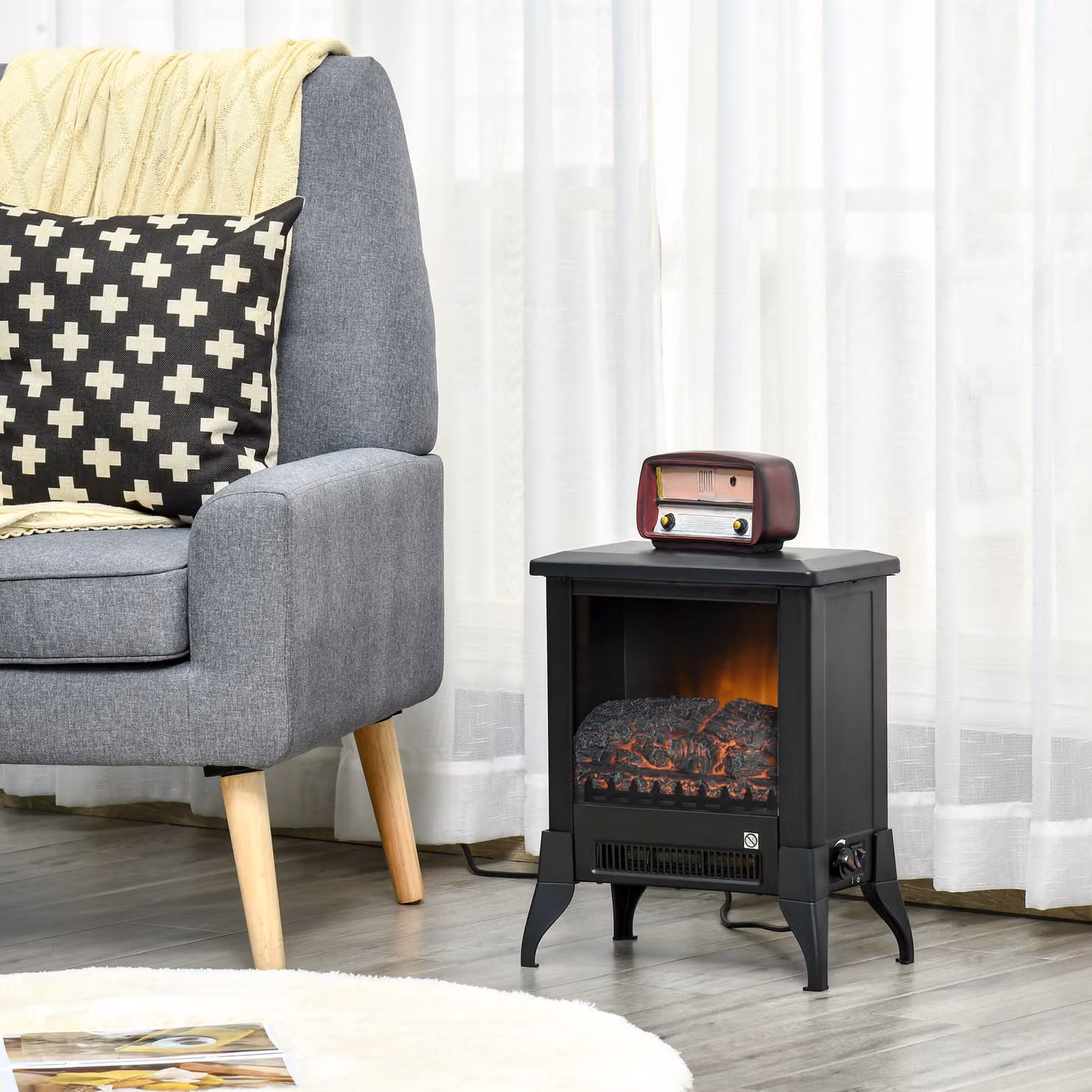 HOMCOM Black Electric Fireplace Stove with Realistic Flame Effect, Glass and Metal Construction, W/D/H: 45.8 x 30.0 x 37.0 cm – 2