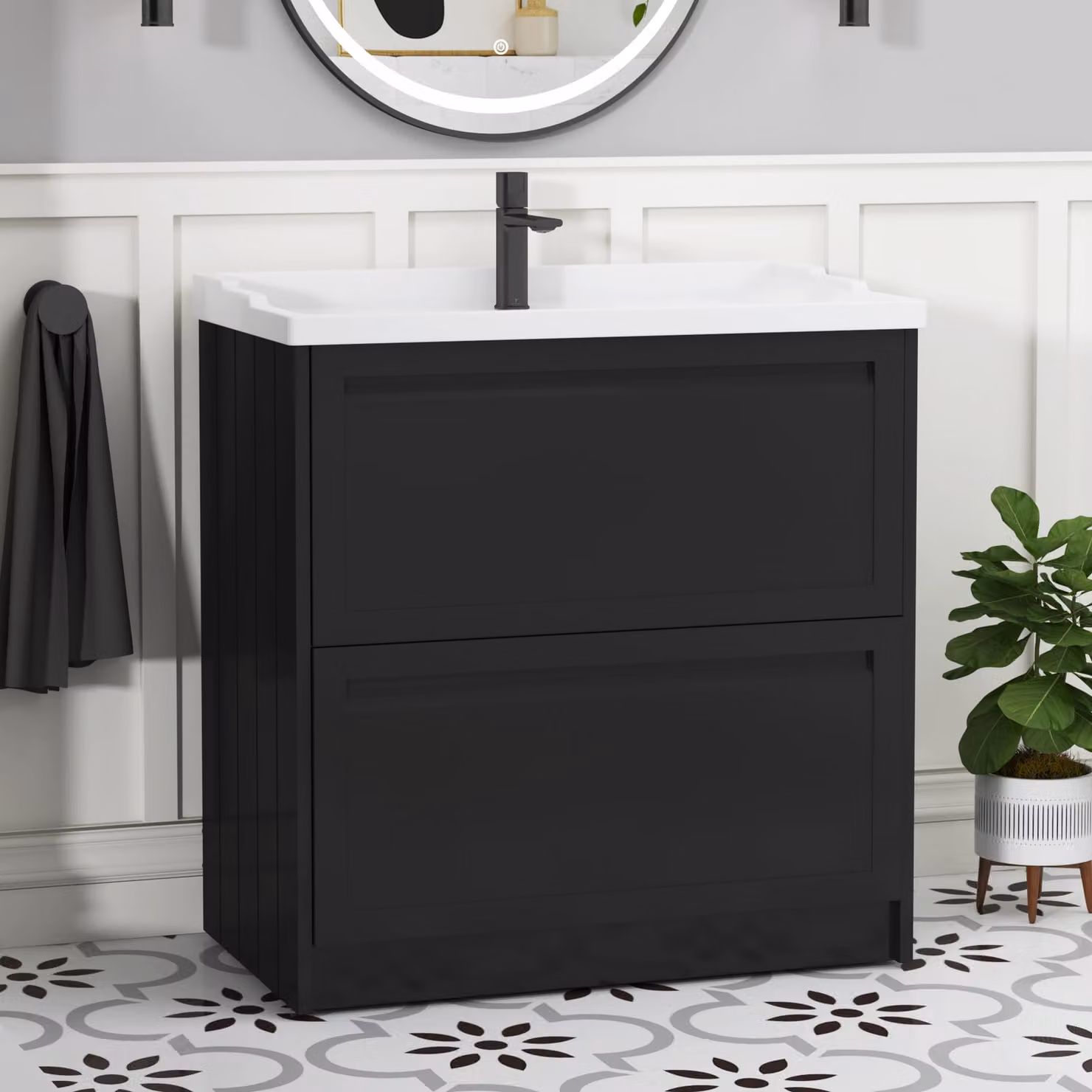 Royal Bathrooms Elmore Traditional Floor Standing 2 Drawer Vanity Unit with Ceramic Basin, Matt Nocturne Black, Width: 80 cm