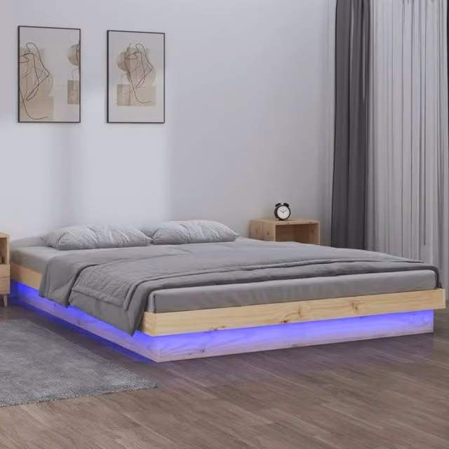Berkfield Home Solid Wood LED Bed Frame in Brown with Under-Bed Lighting and USB Charging Port, W: 160 cm, L: 200 cm