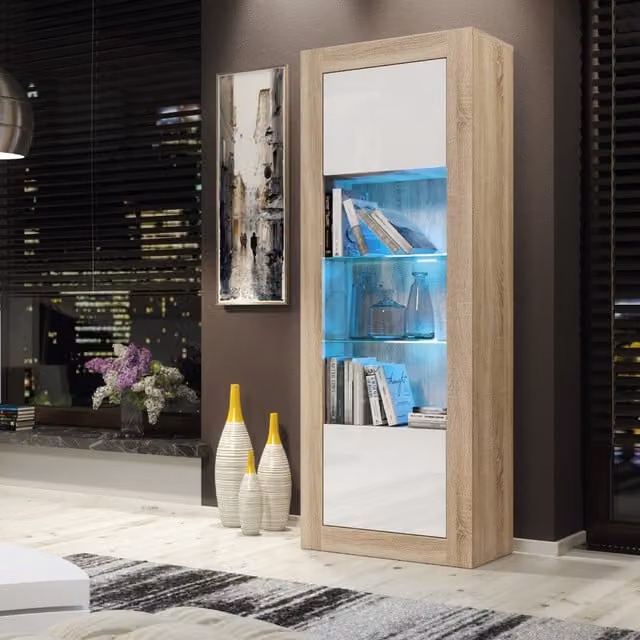 Creative Furniture Illume Modern Display Cabinet in Oak and White with Glass Doors and Integrated Lighting, H: 170 cm, W: 63 cm, D: 35 cm